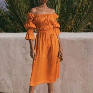 Cult Gaia Stella Off the Shoulder Smocked Dress in Sunburst Orange XS